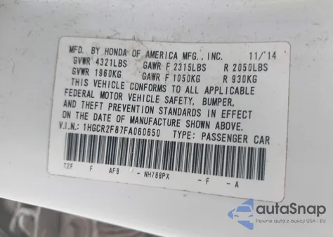 2015 Honda Accord Ex-L z USA, uszkodzony, nr VIN 1HGCR2F87FA060650